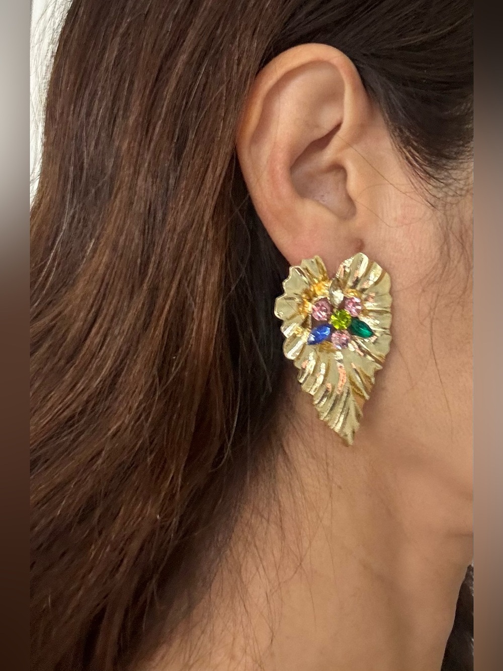 Gold Leaf Multicolor Crystal Earrings - Women Jewelry